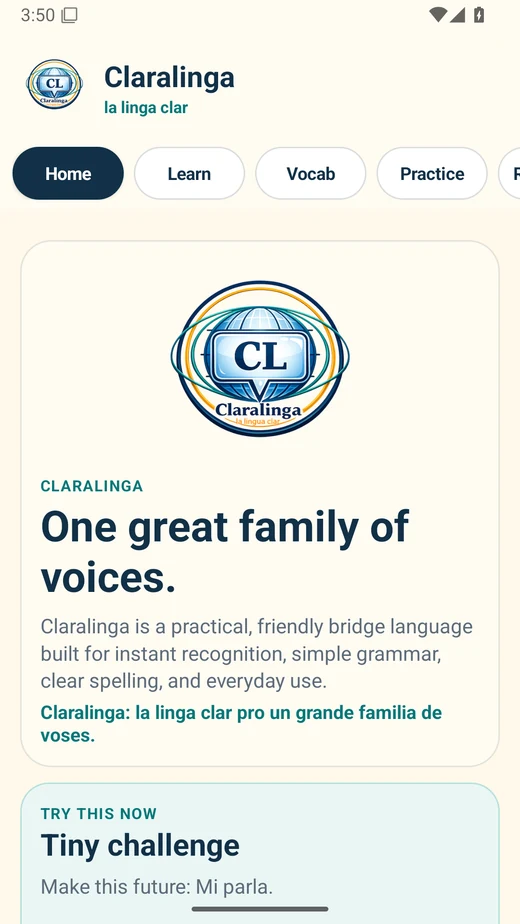 Claralinga Android app home screen