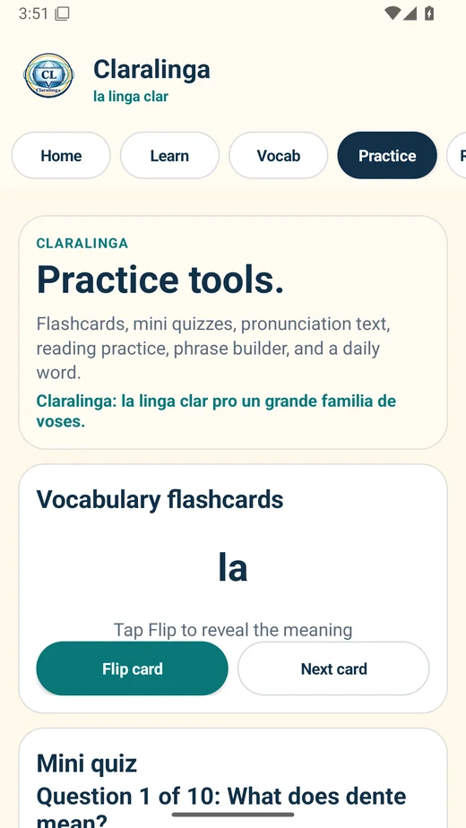 Claralinga app practice tools screen