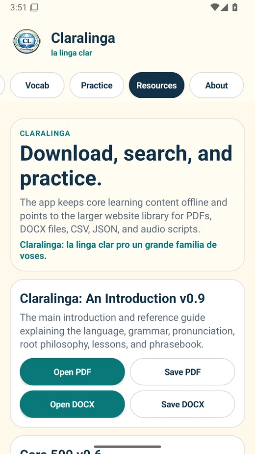 Claralinga app resources screen